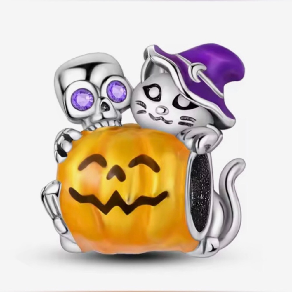 Halloween Pumpkin Skeleton Cat Charm